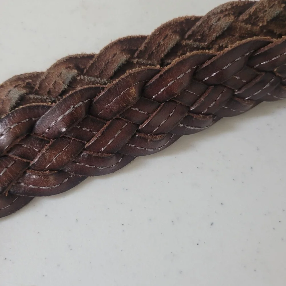American Eagle Size L/XL Braided Belt Women Dark Brown Leather Silver Buckle